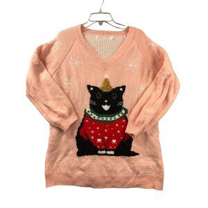 Christmas Sweater Size S Pink Cat Lady Black Snowflakes Cute Fun Oversized READ